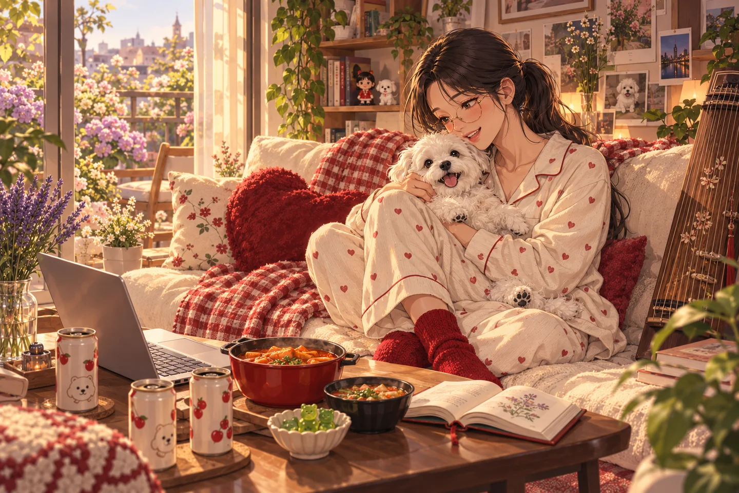 하트 잠옷을 입은 지수가 햇살 드는 방에서 하얀 강아지 자몽이를 안고 있어. 주변엔 좋아하는 소품들이 놓여 있어.
